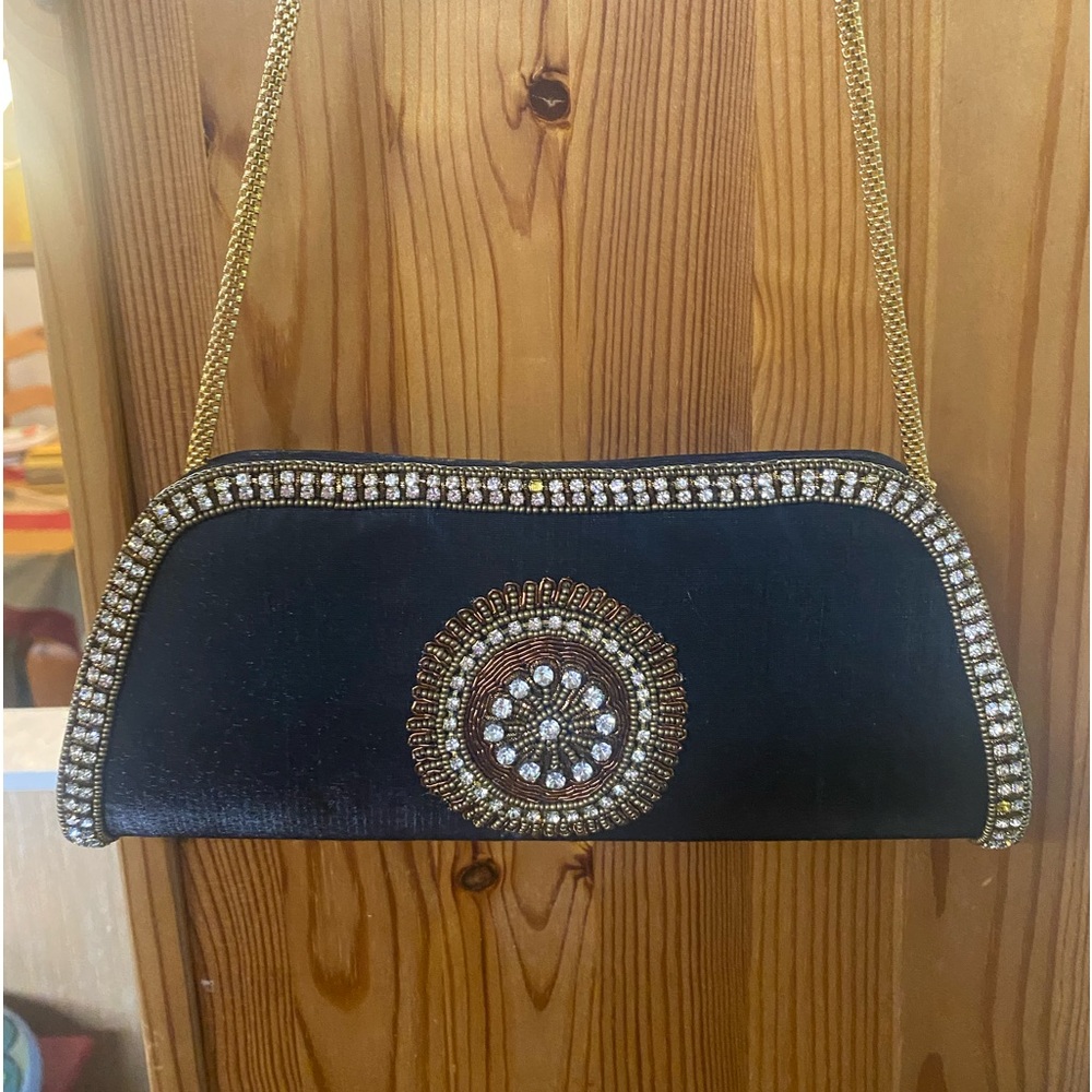 Vintage Metro Bagz Rhinestones Beaded Black Silk Gold Strap Shoulder Clutch